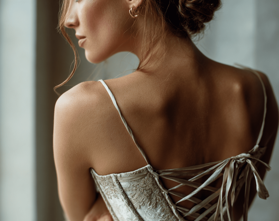 Bride is wearing a corset in the morning  light