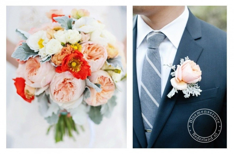 een collage van twee foto's van een man en een vrouw die bloemen vasthouden