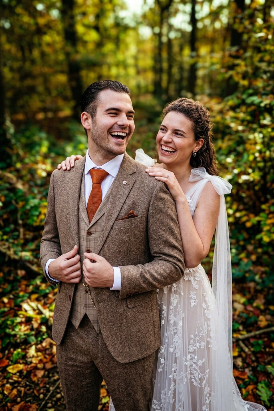 Tweed trouwpak herfstbruiloft