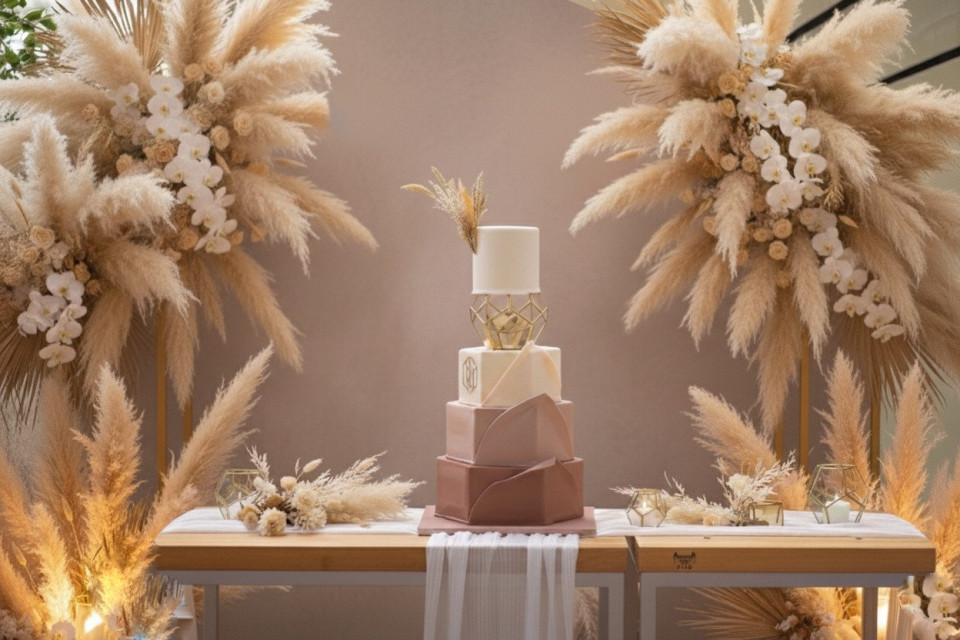 een bruidstaart op een tafel omringd door hoog gras