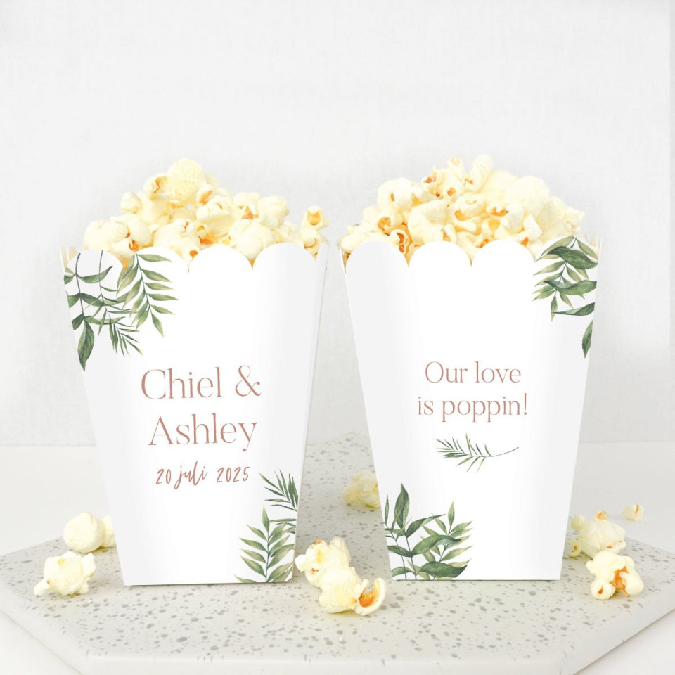 gepersonaliseerde popcorn dozen met bladeren en bloemen