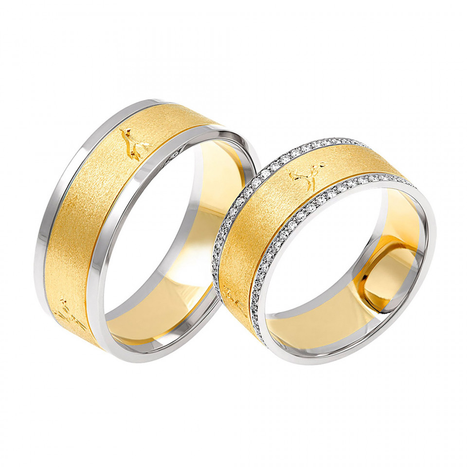 twee trouwringen met diamanten in goud en zilver