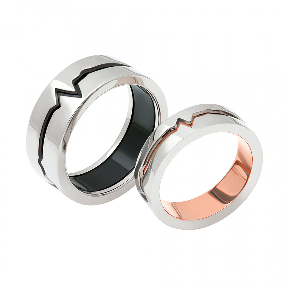 twee ringen met zwarte en witte banden op een wit oppervlak