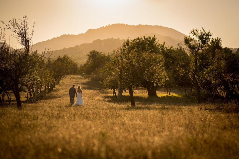 een bruid en bruidegom lopen door een veld bij zonsondergang