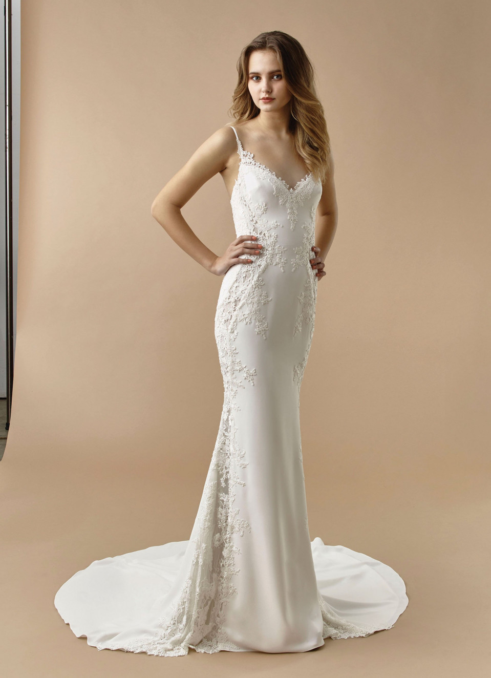 de trouwjurk is een witte kanten en satijnen japon met een diepe v-hals