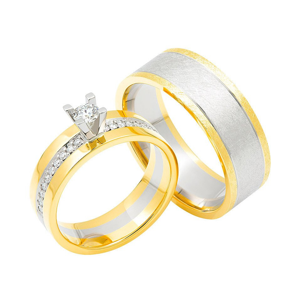 twee trouwringen met diamanten in geel en wit goud