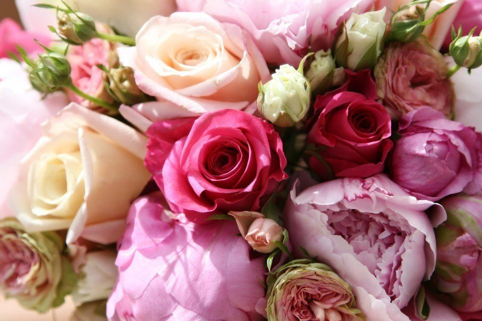 een boeket roze en witte rozen