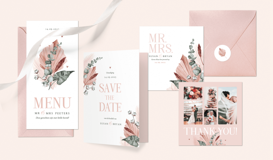 de trouwuitnodiging suite wordt getoond met roze bloemen