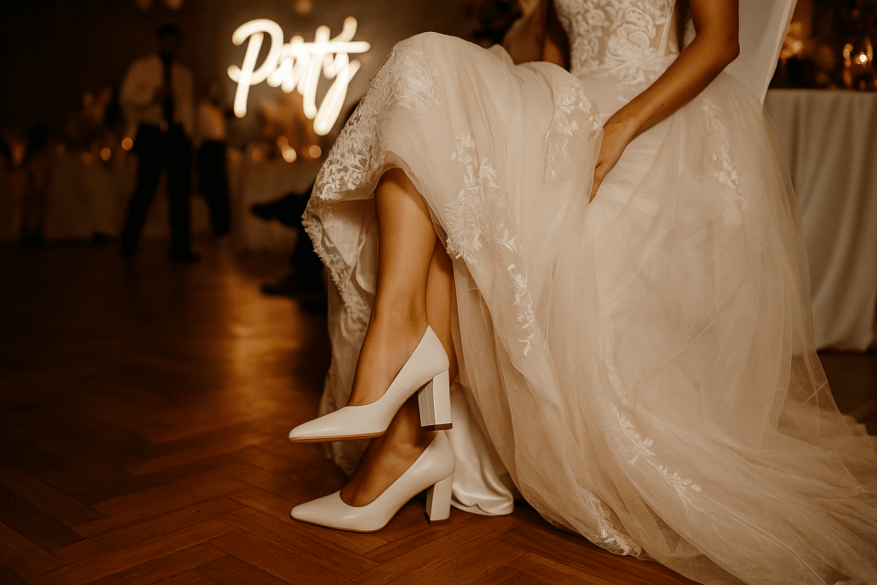 een bruid die op de vloer zit met haar schoenen aan