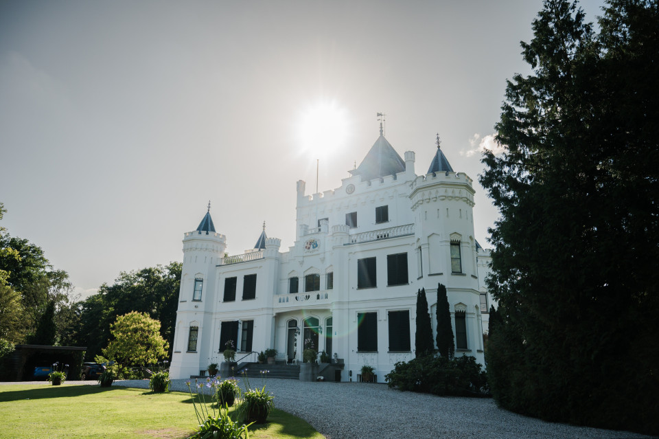 een afbeelding van een groot wit kasteel in de zon