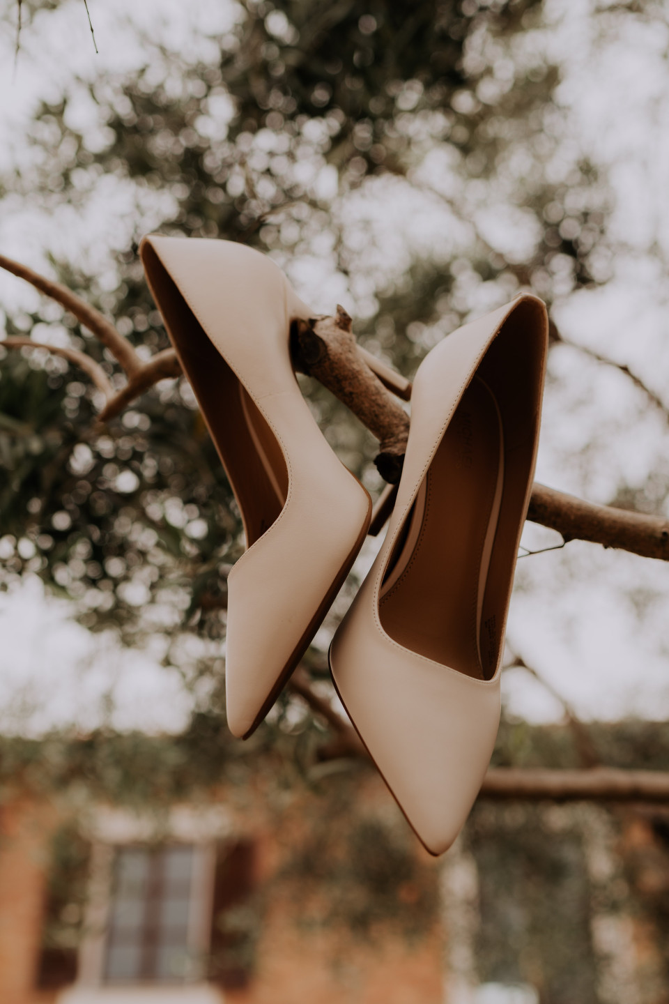 een paar hoge hakken die aan een boomtak hangen voor een bakstenen gebouw met een boom op de achtergrond