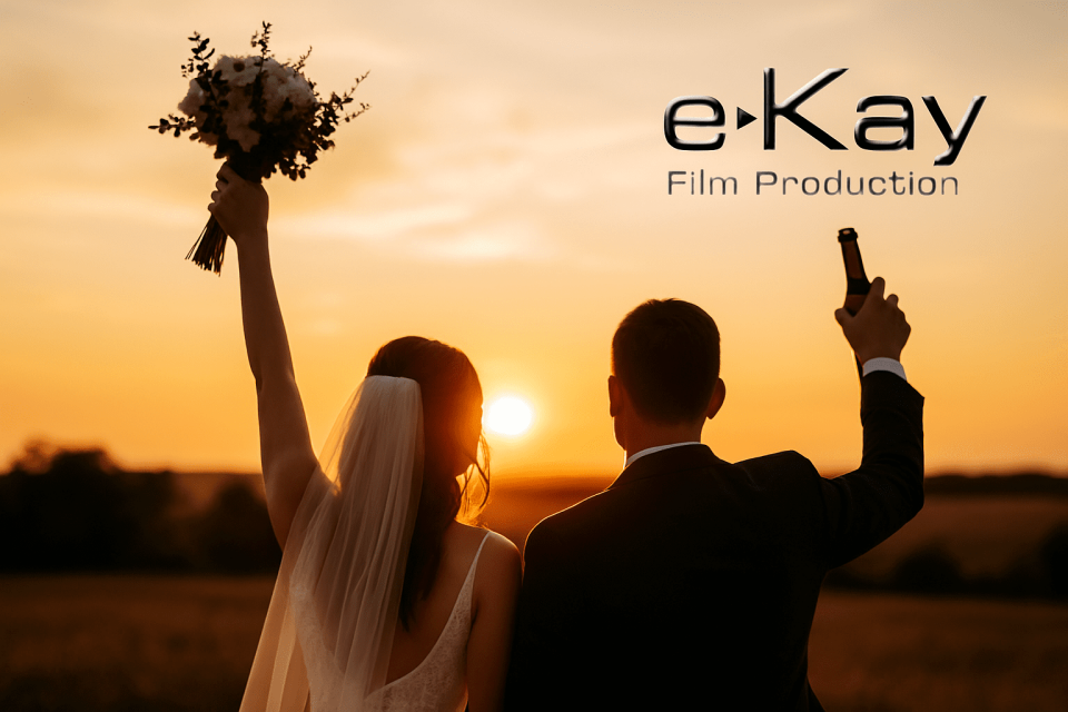 een bruid en bruidegom die hun handen in de lucht houden