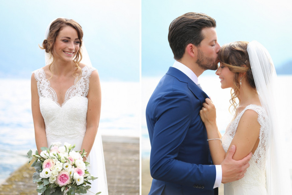 een bruid en bruidegom kussen bij het meer