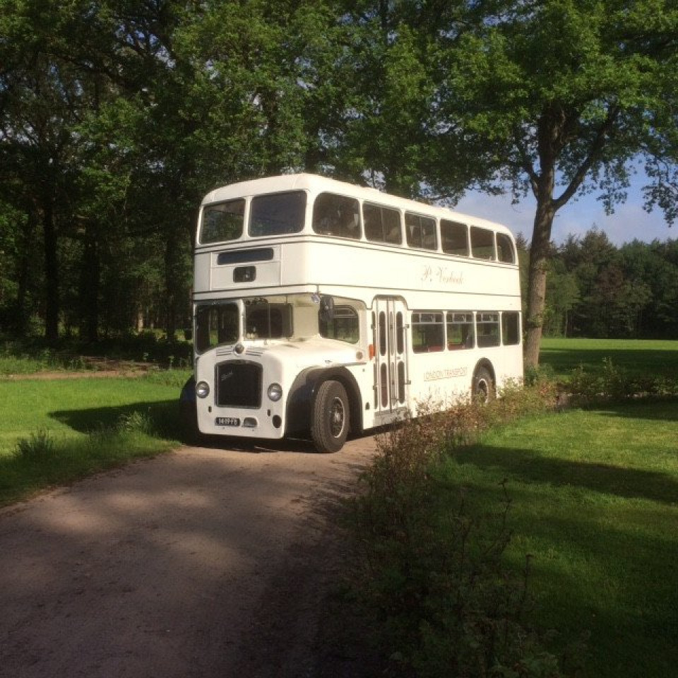 een witte dubbeldekkerbus geparkeerd in het gras