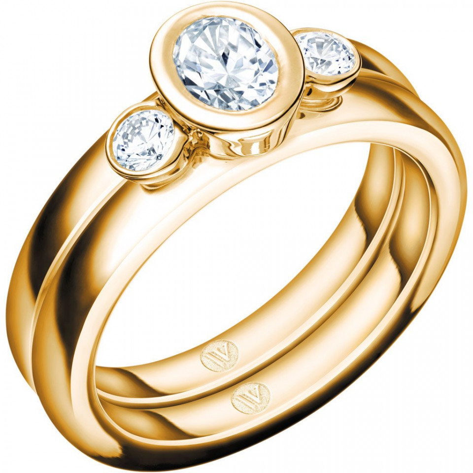 een geelgouden verlovingsring met drie ronde diamanten