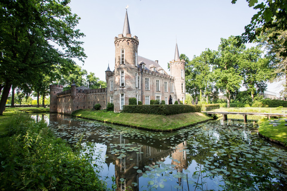 een kasteel ligt op een weelderig groen gazon naast een vijver