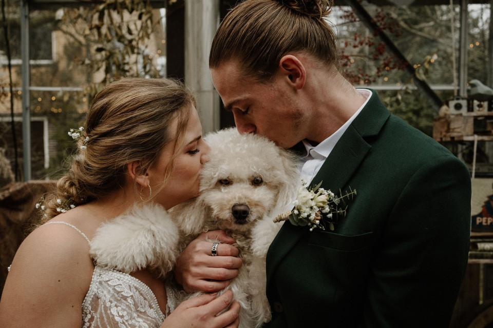 bruid en bruidegom kussen hun hond in een kas