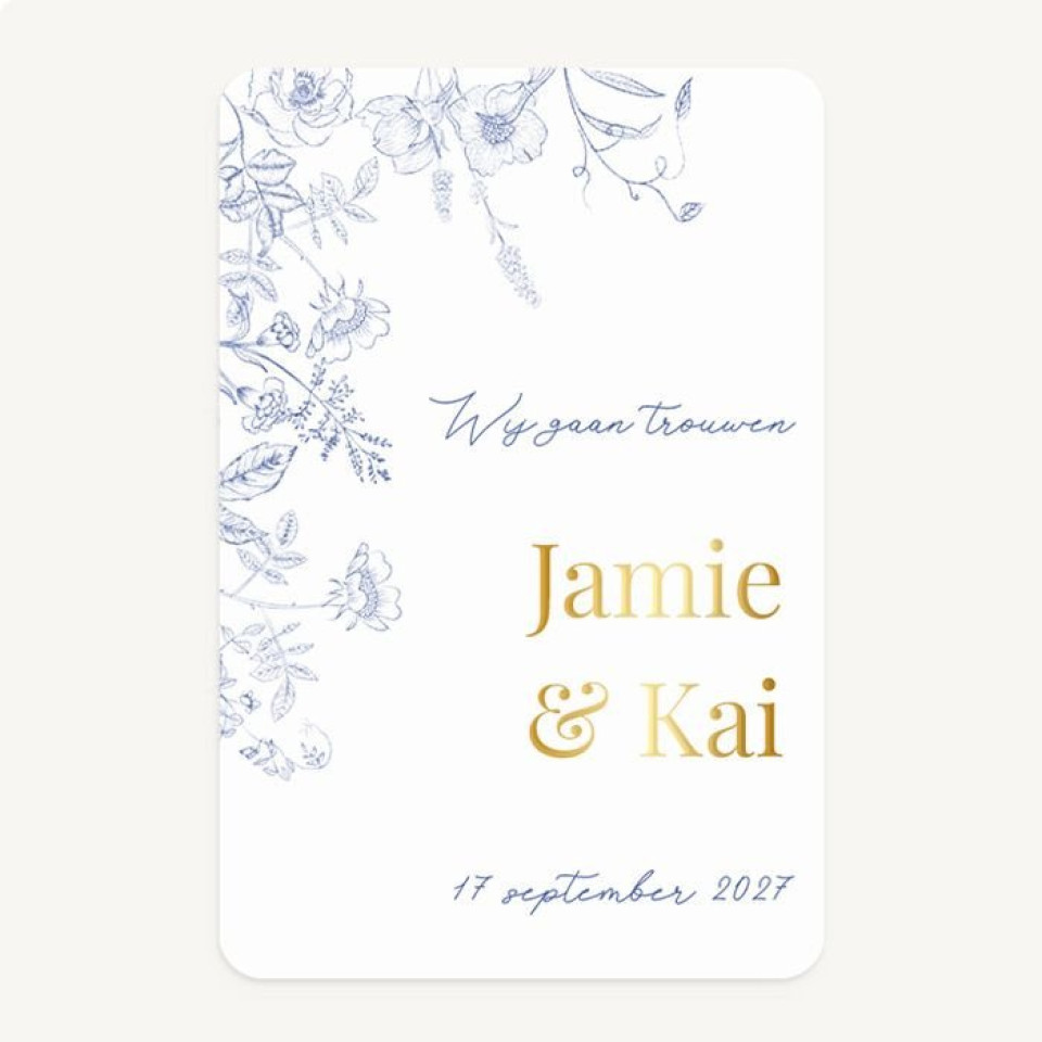 bruiloftskaart met blauw en goud bloemendesign