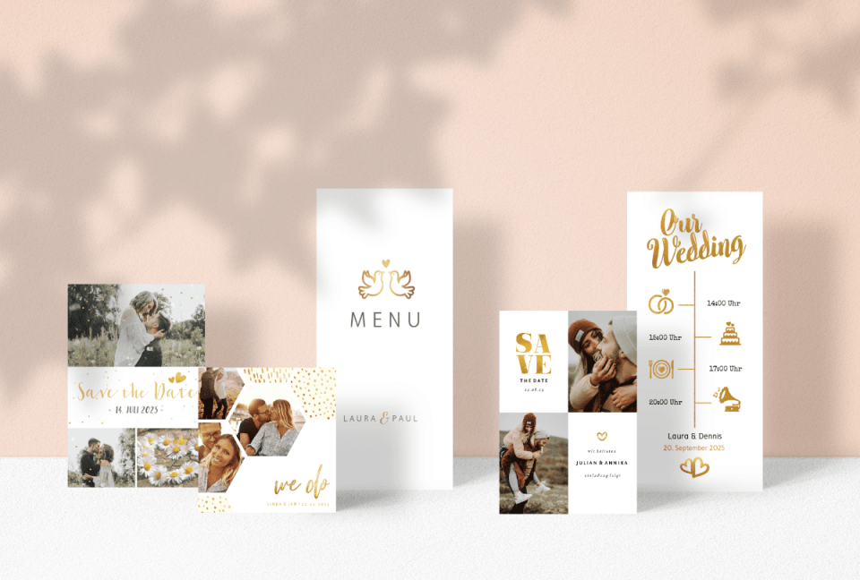 Hochzeitskarten mit goldenen Tauben und Herz