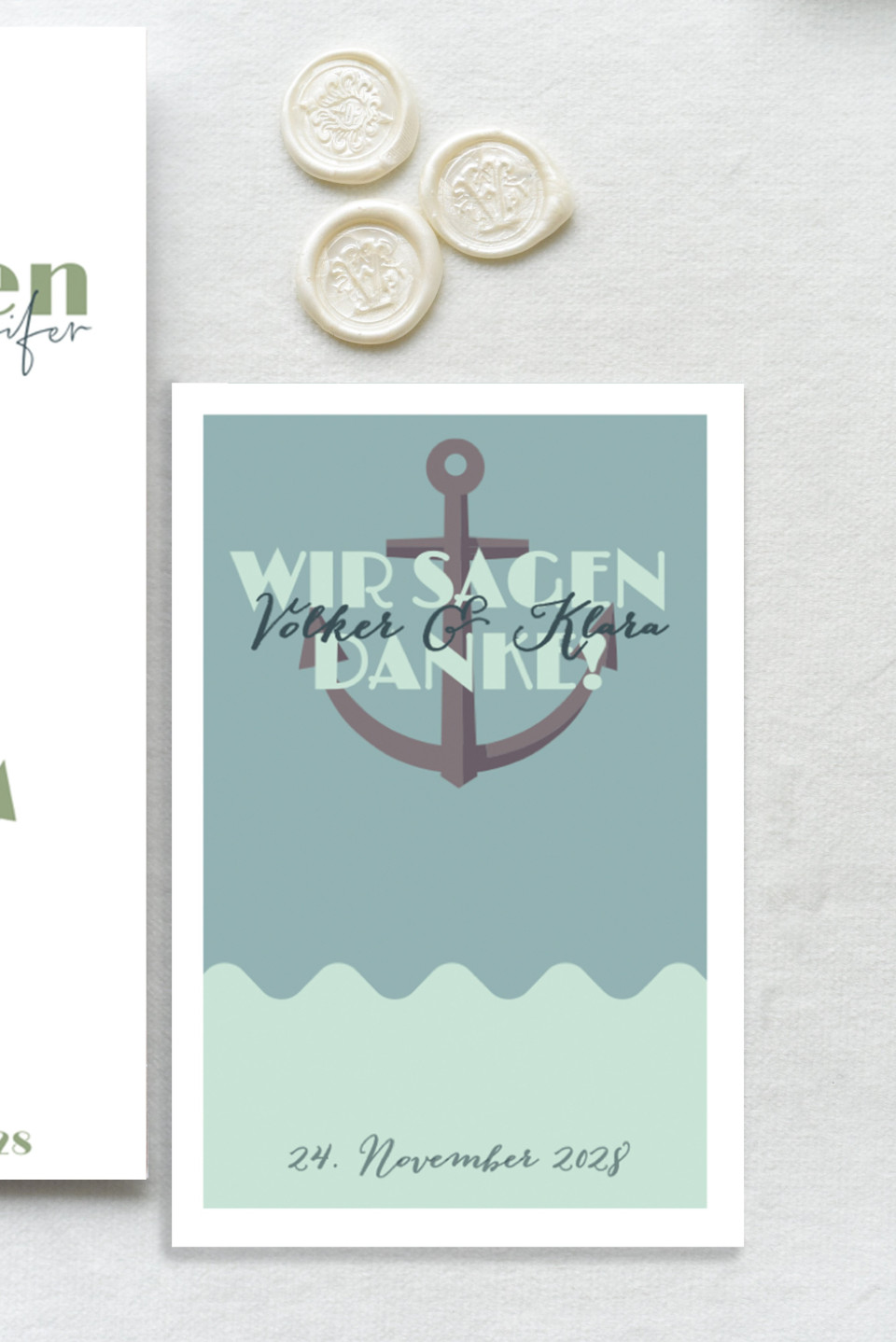 Geankert! Blaue Danksagungskarte mit maritimen Elementen