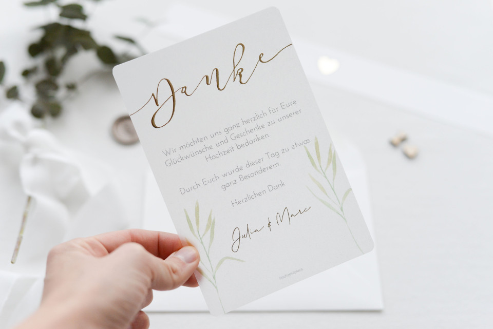 Veredelte Greenery Dankeskarte zur Goldhochzeit aus Transparentpapier