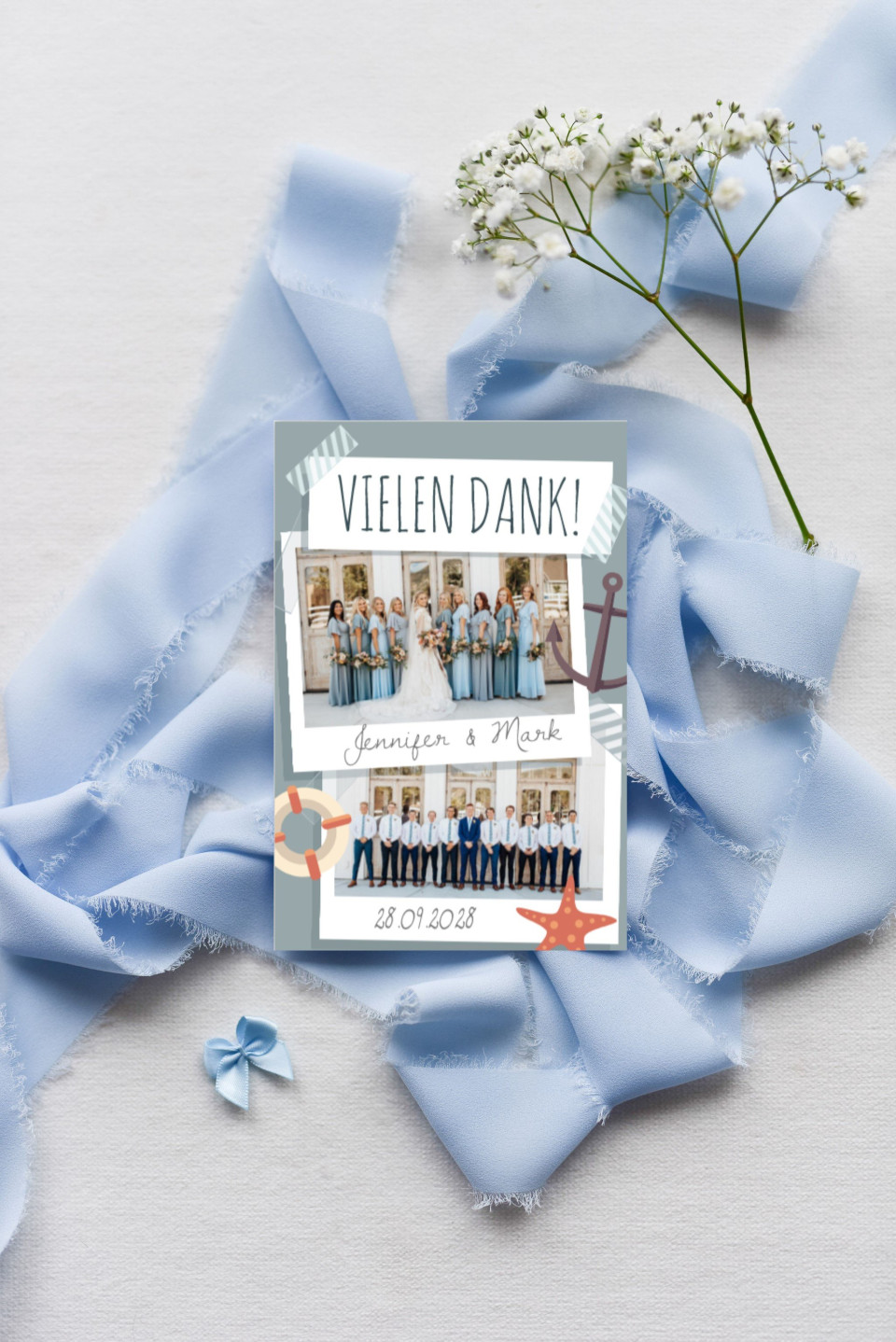 Maritime Dankeskarte zur Hochzeit mit Sofortbilder Rahmen und Tape