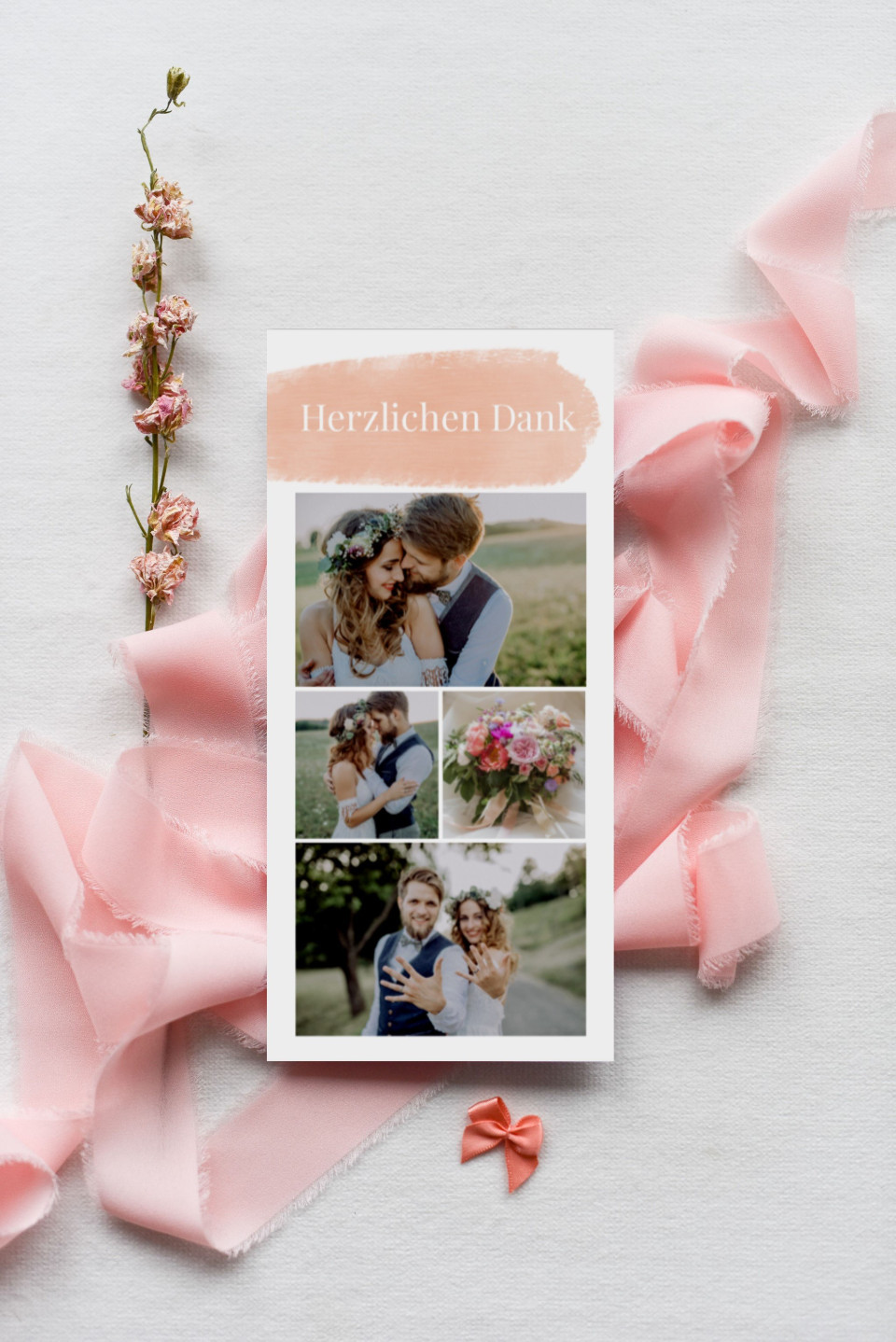 Entzückende Danksagungskarte mit rosa Akzenten im Collage Stil