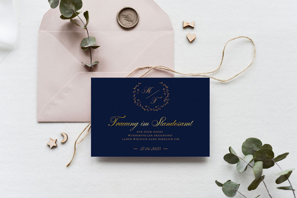 Edle Einladung für die Trauung im Standesamt in blau mit Goldfolie