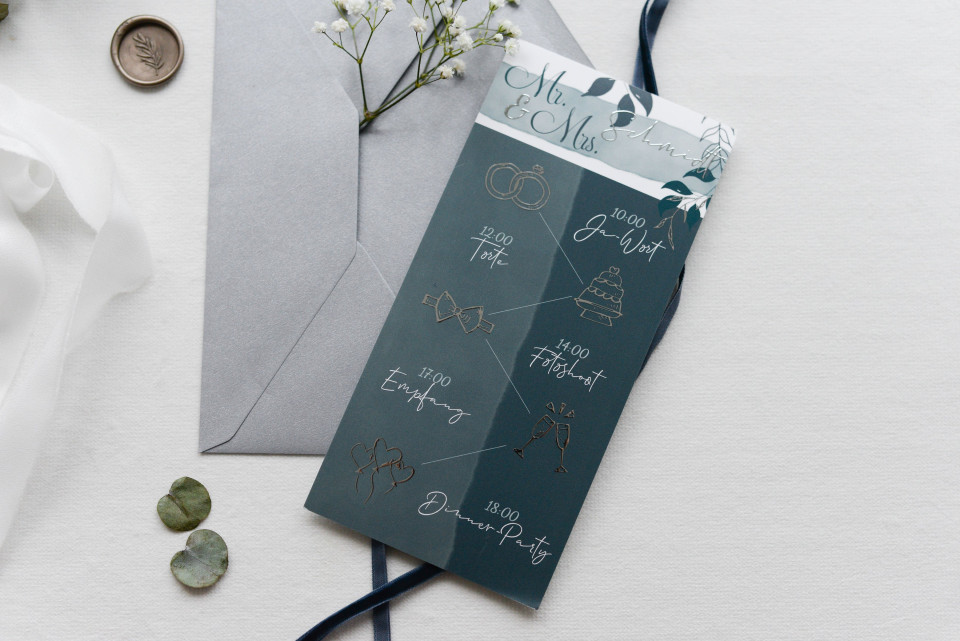 Mr & Mrs Timeline Einladungskarte zur Hochzeit mit Silberfolierung