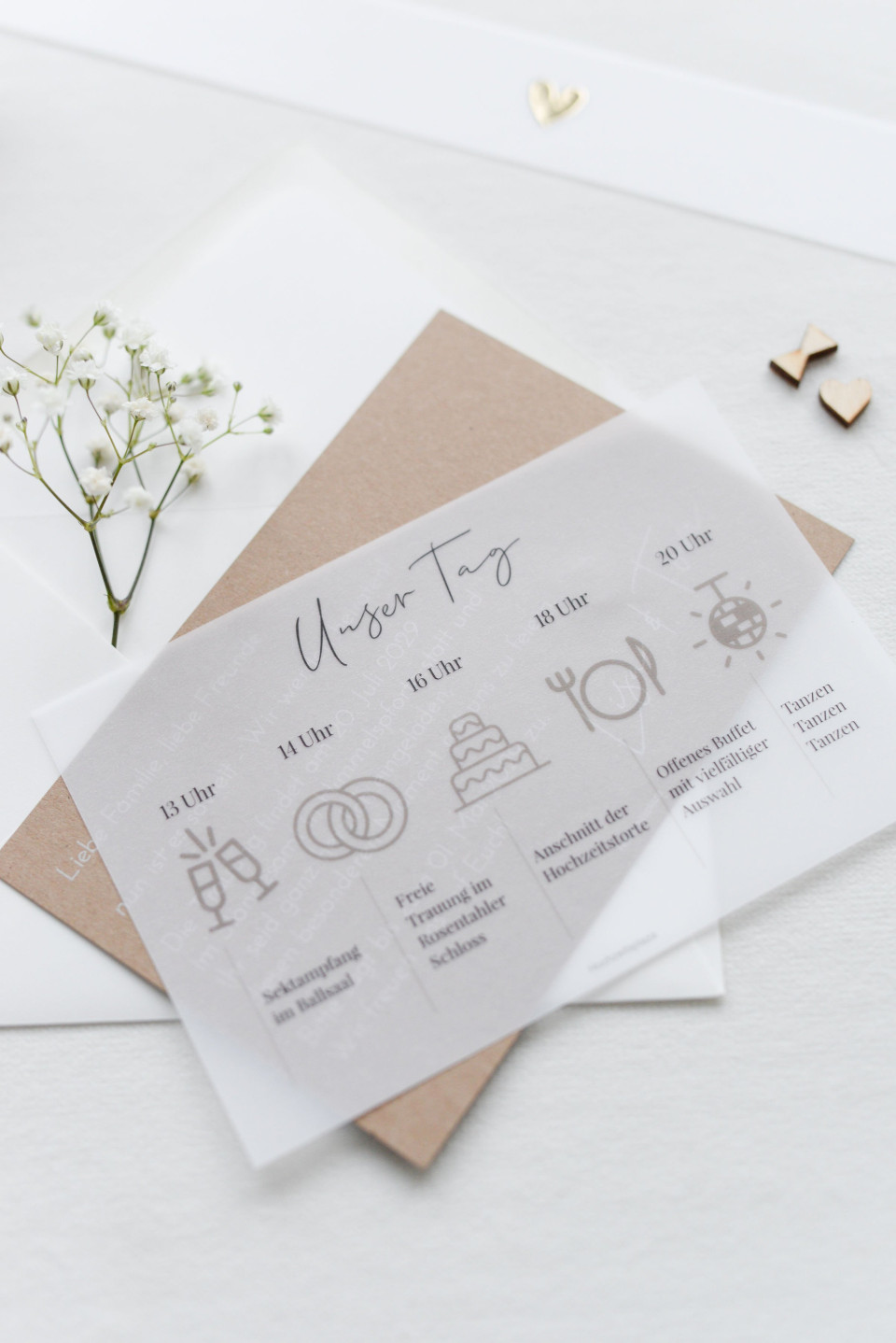 Transparentes Einlegeblatt zur Hochzeitskarte mit Timeline und Icons