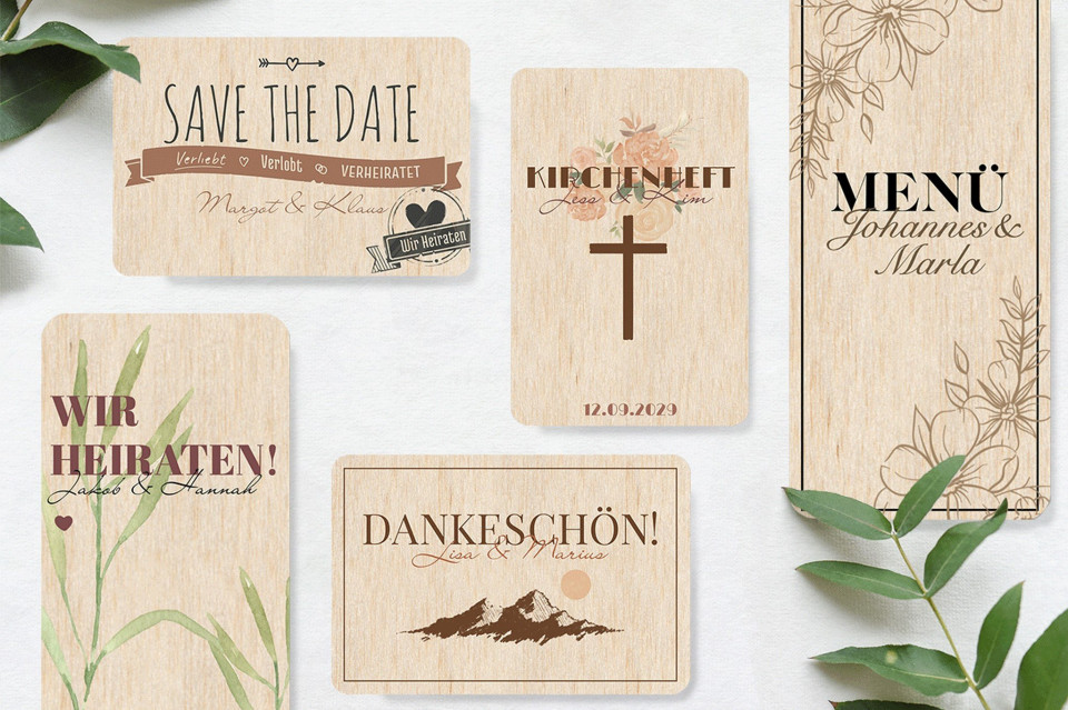 Diverse Hochzeitskarten aus Holz 1