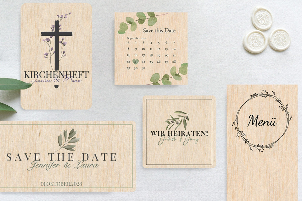 Diverse Hochzeitskarten aus Holz 2