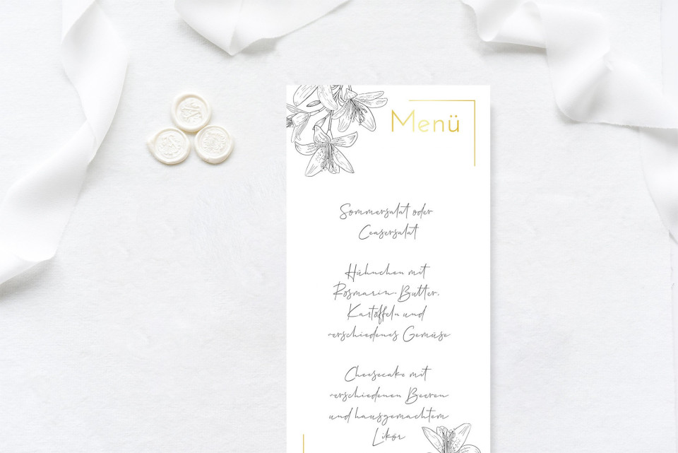 Elegante Menükarte mit Line Art Blumen in schwarz und Goldfolie
