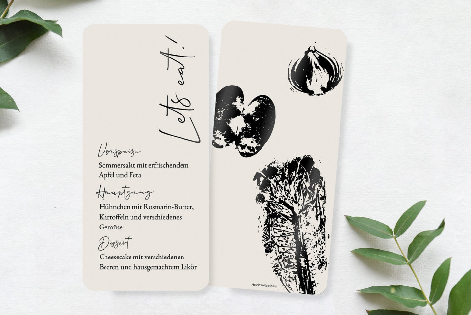 Veredelte Menükarte zur Hochzeit mit gestempelten Lebensmitteln