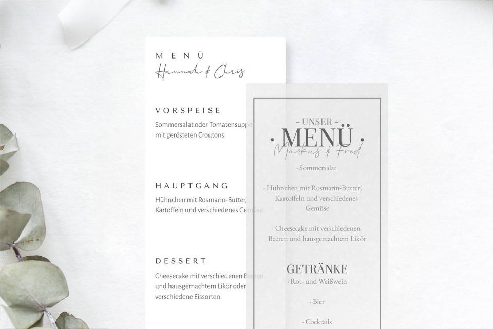 Schlichte transparente Menükarte zur Hochzeit mit Rahmen