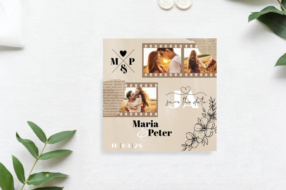 Vintage Save the Date Karte mit Filmrahmen und Line Art Elementen
