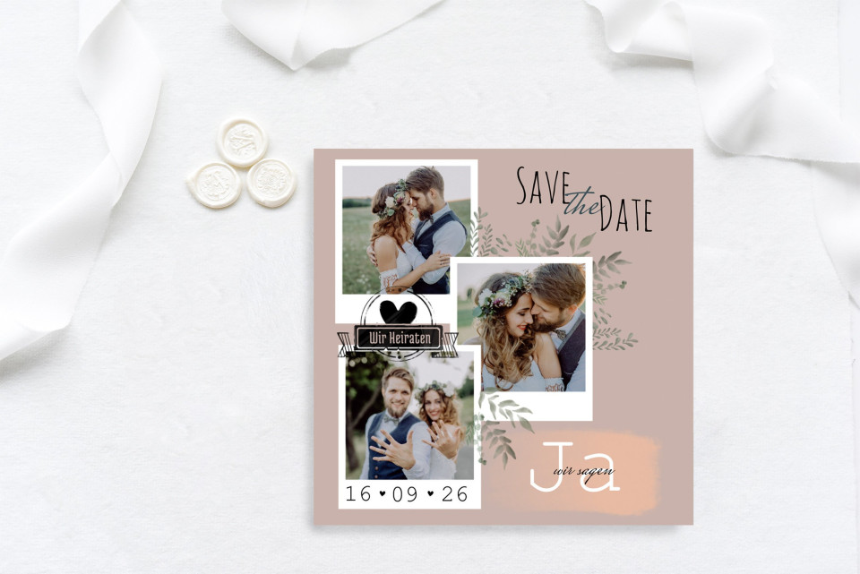Vintage Save the Date Karte mit Sofortbildern und Zweigen in Rosa