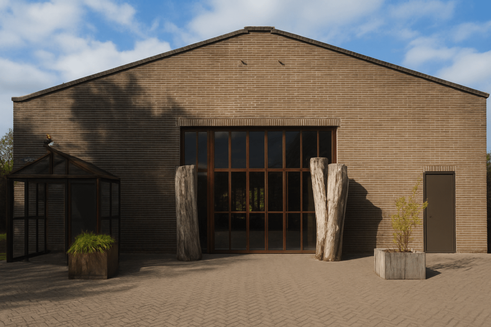 een afbeelding van een bakstenen gebouw met een glazen deur