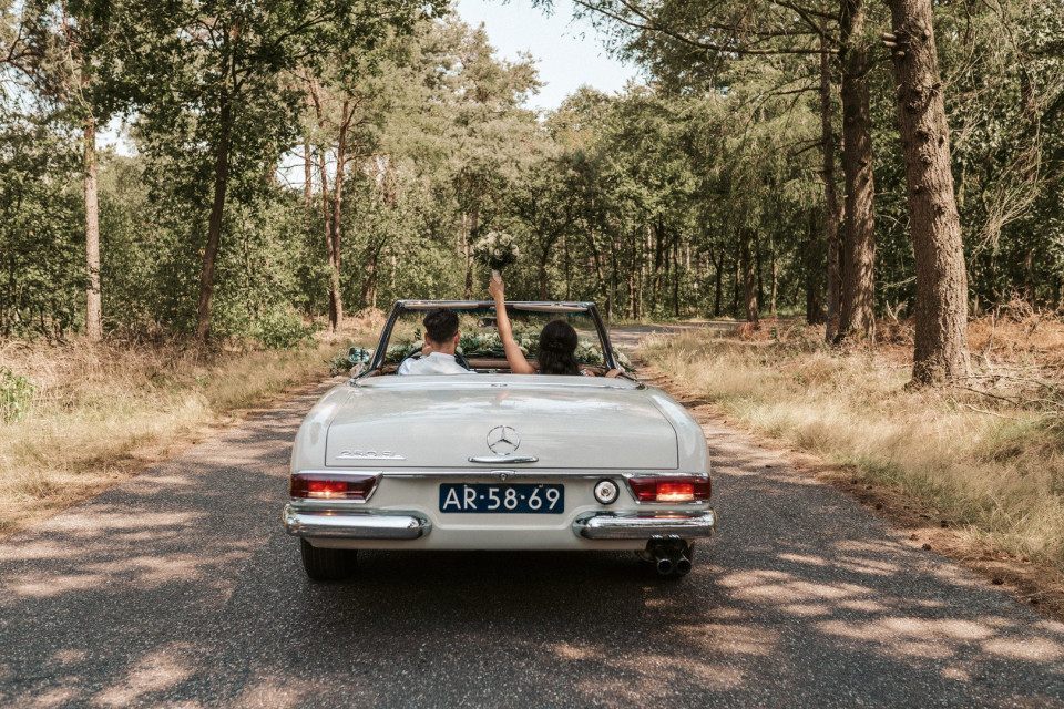 trouwauto in het bos