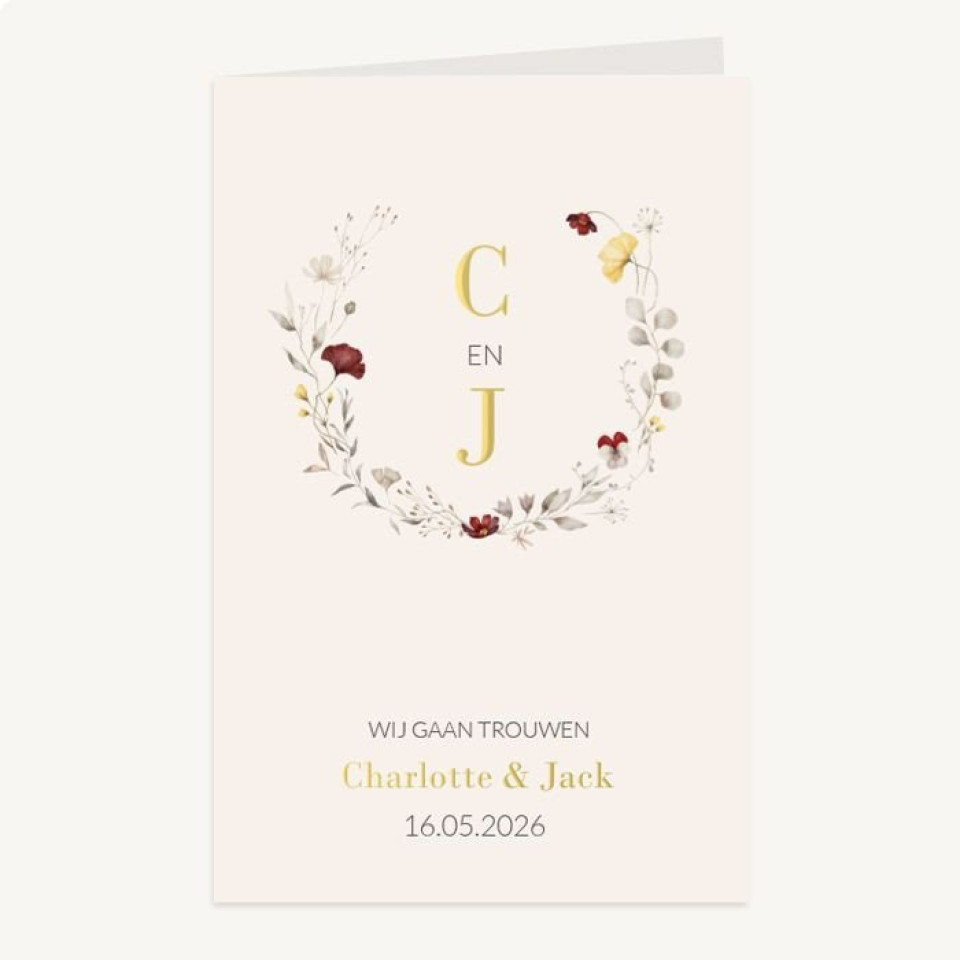 bruiloftskaart met bloemenkrans en monogram