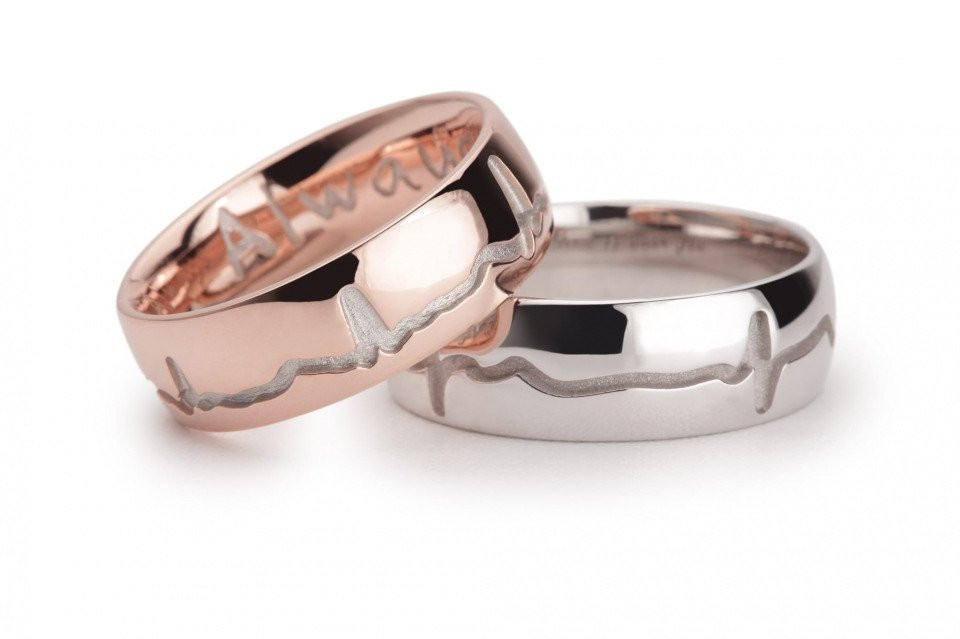 twee ringen met de woorden liefde en hartslag erop