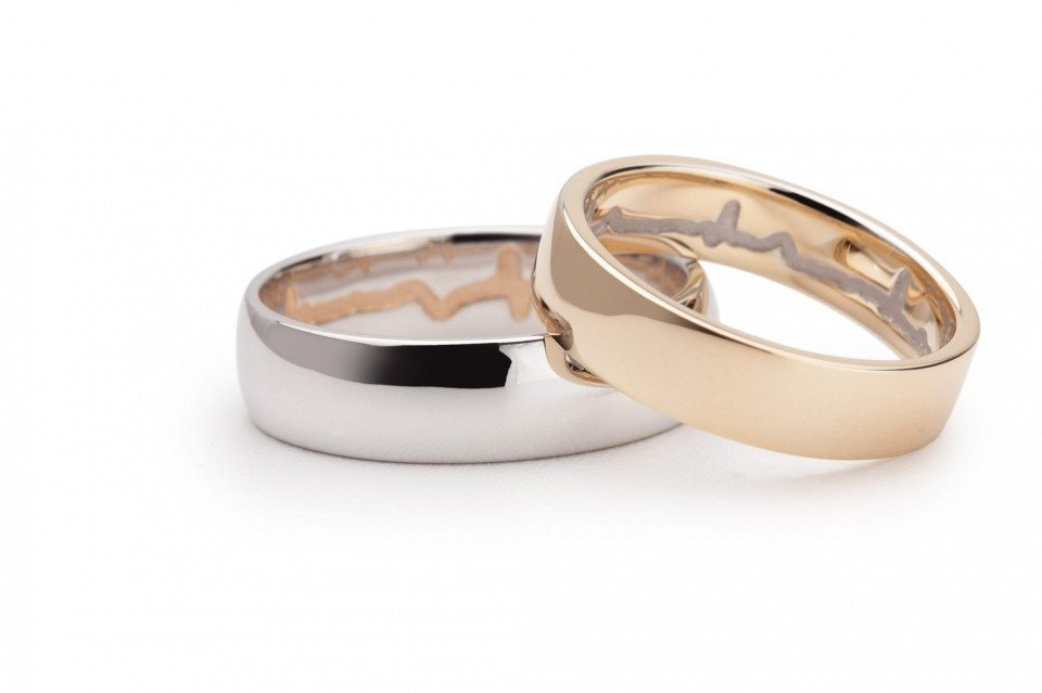 twee trouwringen met een witgouden band en een zilveren band