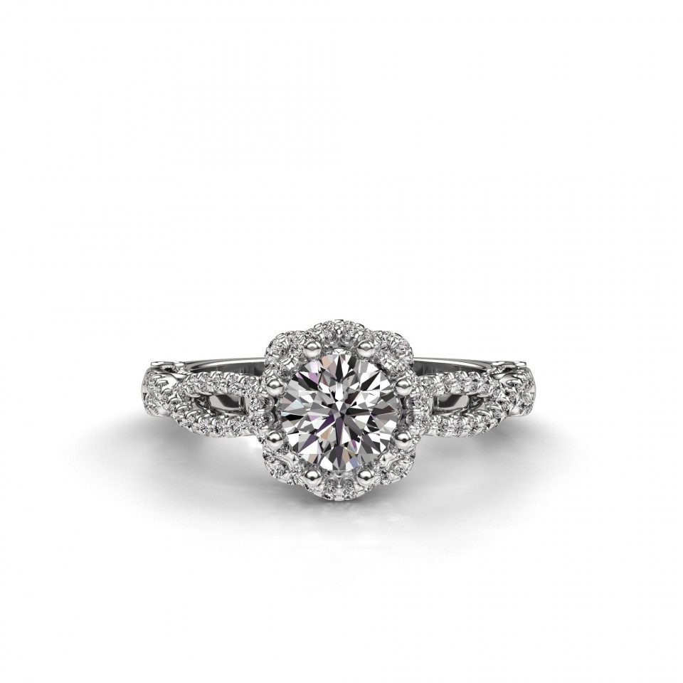 een elegante diamanten verlovingsring met een halo zetting
