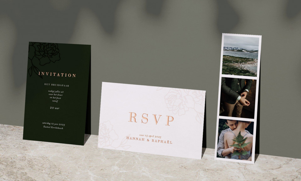 een bruiloftsuitnodiging, rsvp-kaart en fotokaart