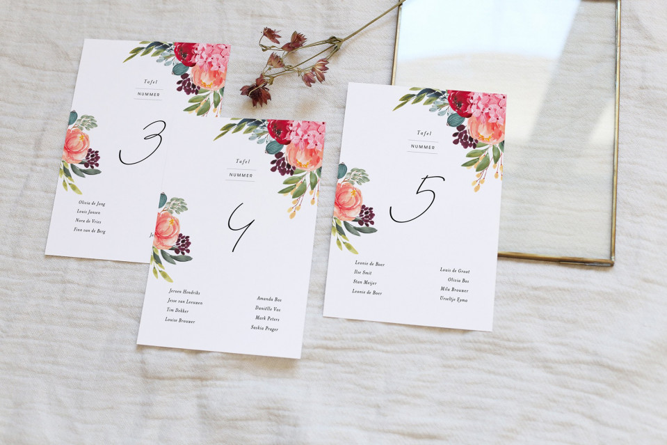 waterverf bloemen trouwtafelnummers