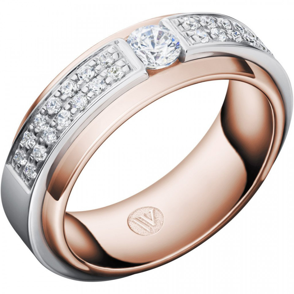 een roségouden en witgouden trouwring met een diamanten middensteen