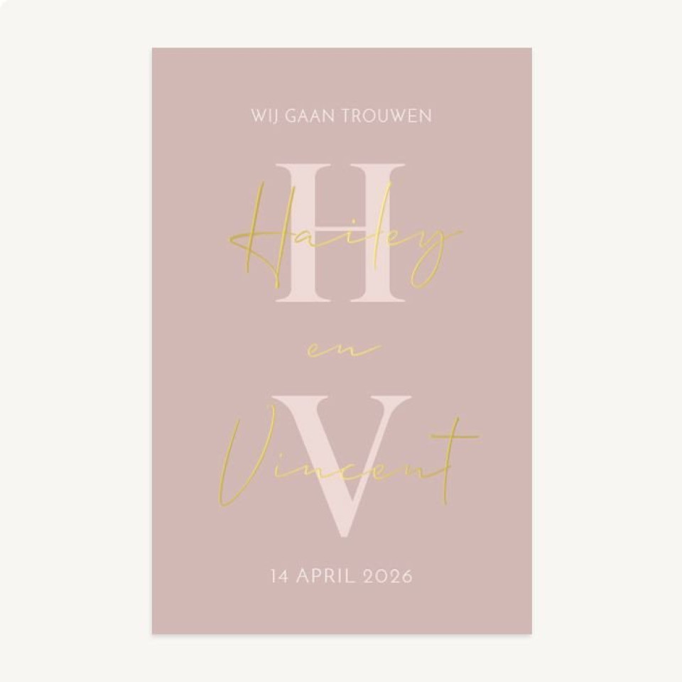 bruiloftsuitnodiging - gouden folie - roze