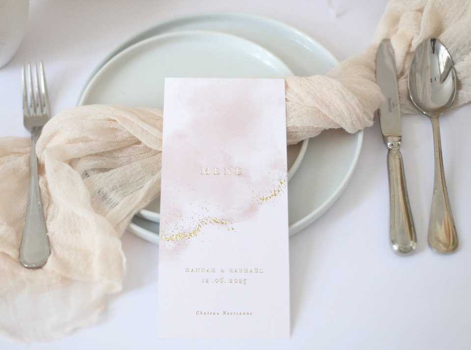bruiloftsmenu met blush aquarel