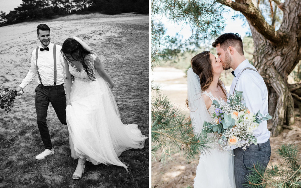 twee afbeeldingen van een bruidspaar dat onder een boom kust