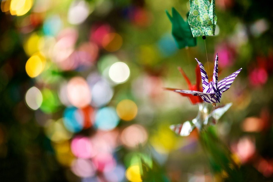 een kleurrijke origami kraanvogel die aan een boom hangt
